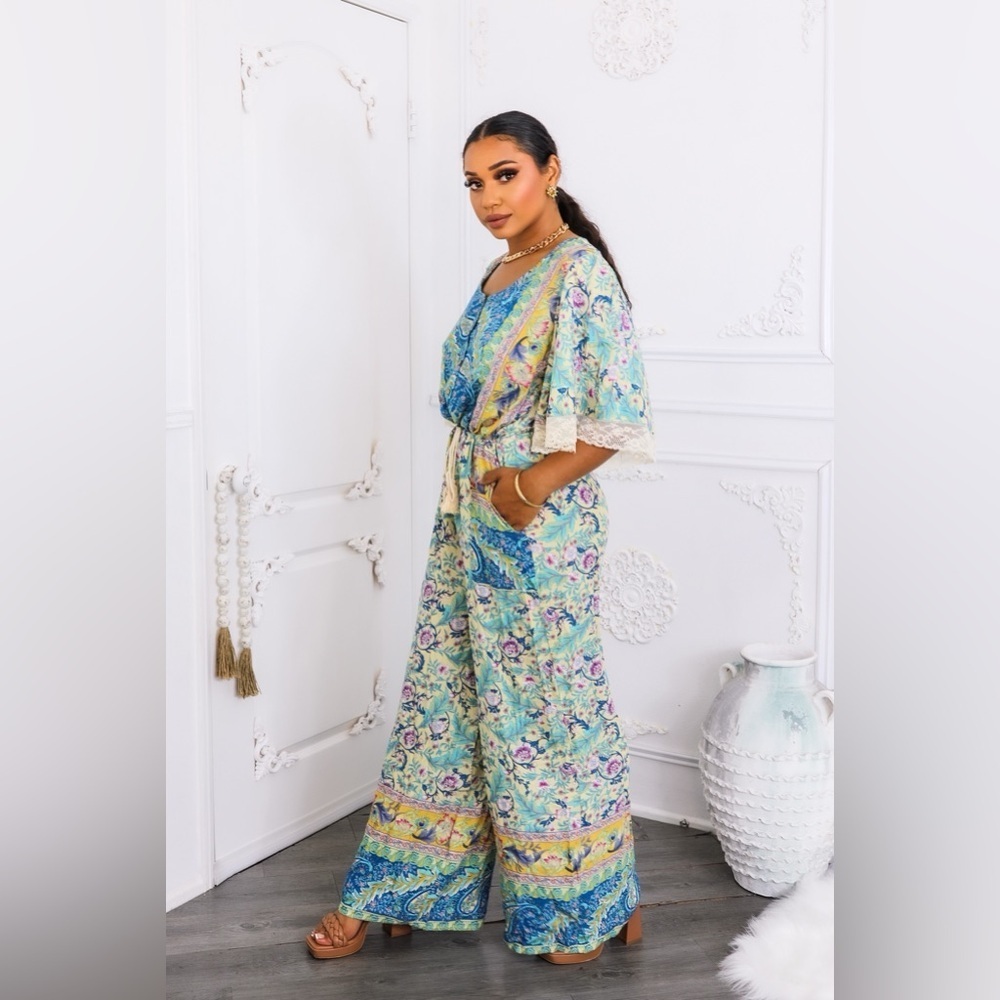 Paisley Print Jumpsuit in Blue and Yellow - Picture 5 of 6